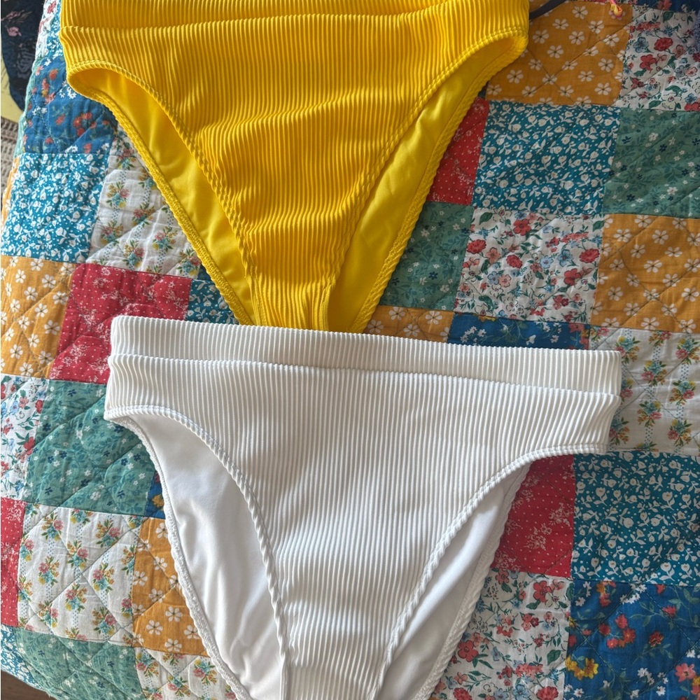 Pair of Hollister Swim Yellow and White Ribbed High Waisted Bikini Bottoms